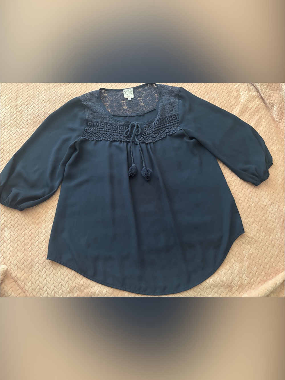 NAIF Navy Lace Yoke Peasant Blouse with Tassel Tie